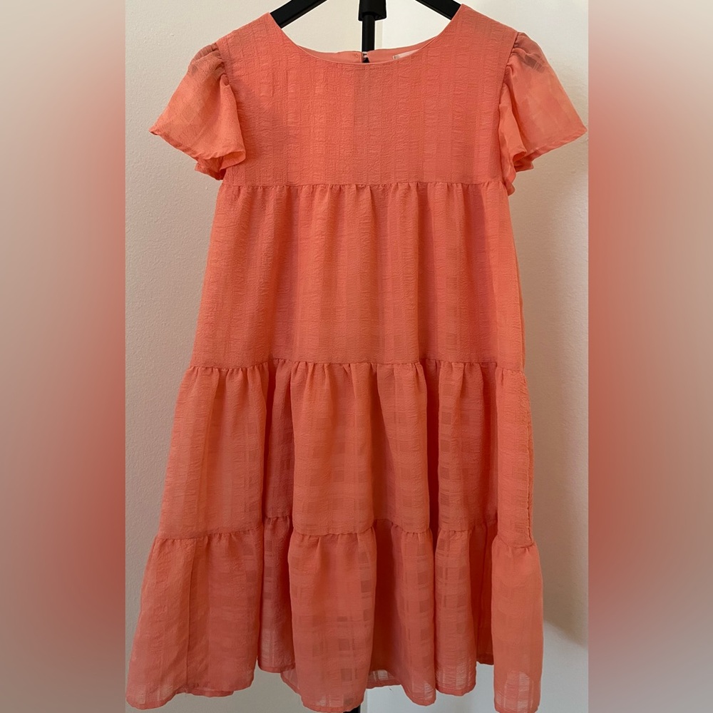 Peachy Pink Altar’d State Tiered Dress – Sheer Overlay, Lined, Flutter Sleeves